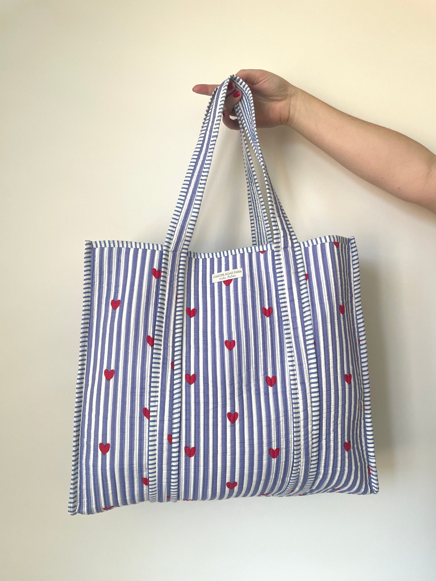 Striped Tote Bag with Red Hearts - Sky Blue