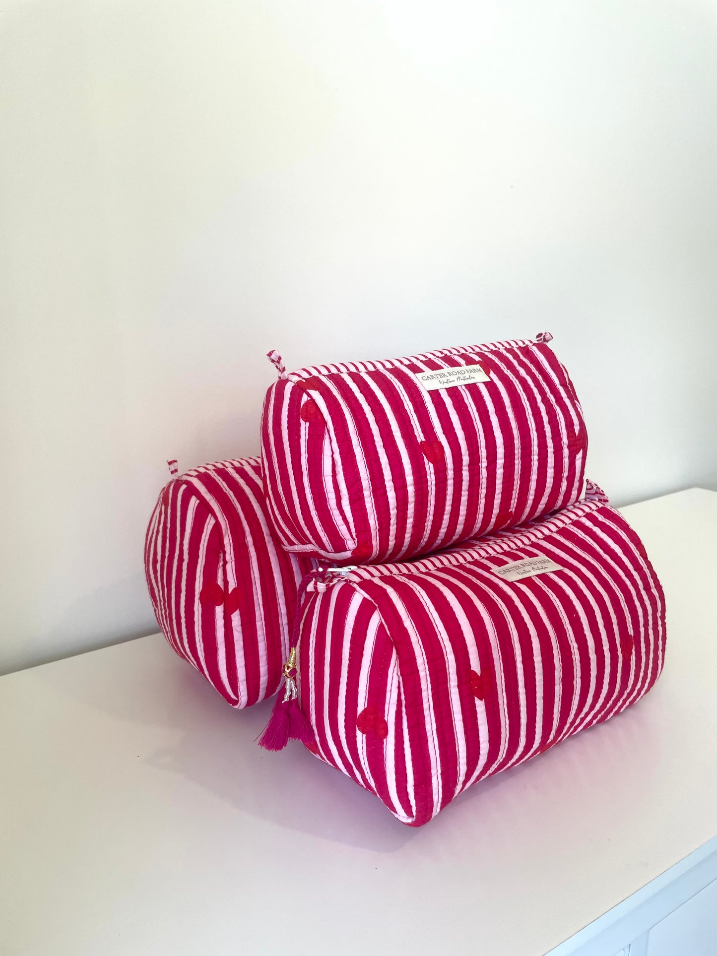 Striped Cosmetic Bags with Red Hearts - Hot Pink