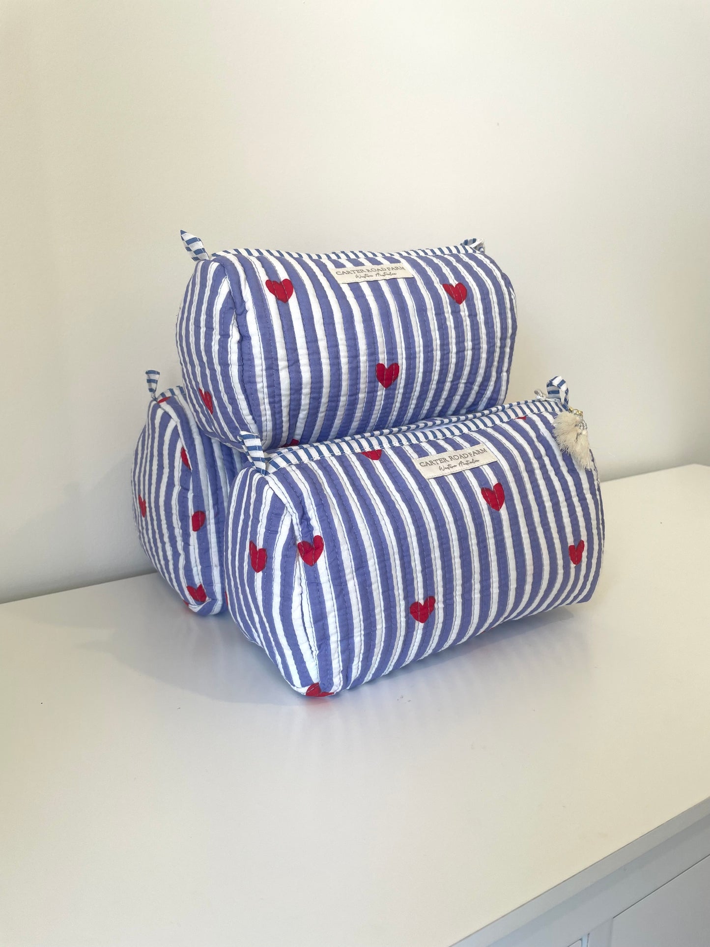 Striped Cosmetic Bags with Red Hearts - Sky Blue
