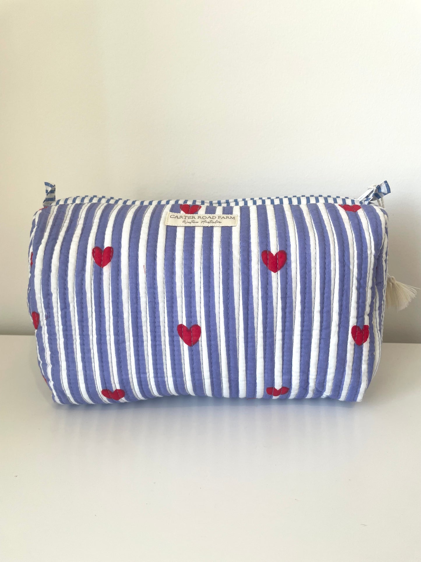 Striped Cosmetic Bags with Red Hearts - Sky Blue