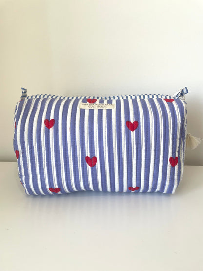 Striped Cosmetic Bags with Red Hearts - Sky Blue
