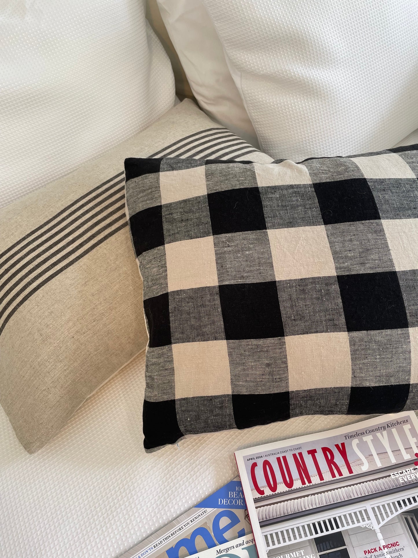 Linen Lumbar Cushion Cover - Black Gingham