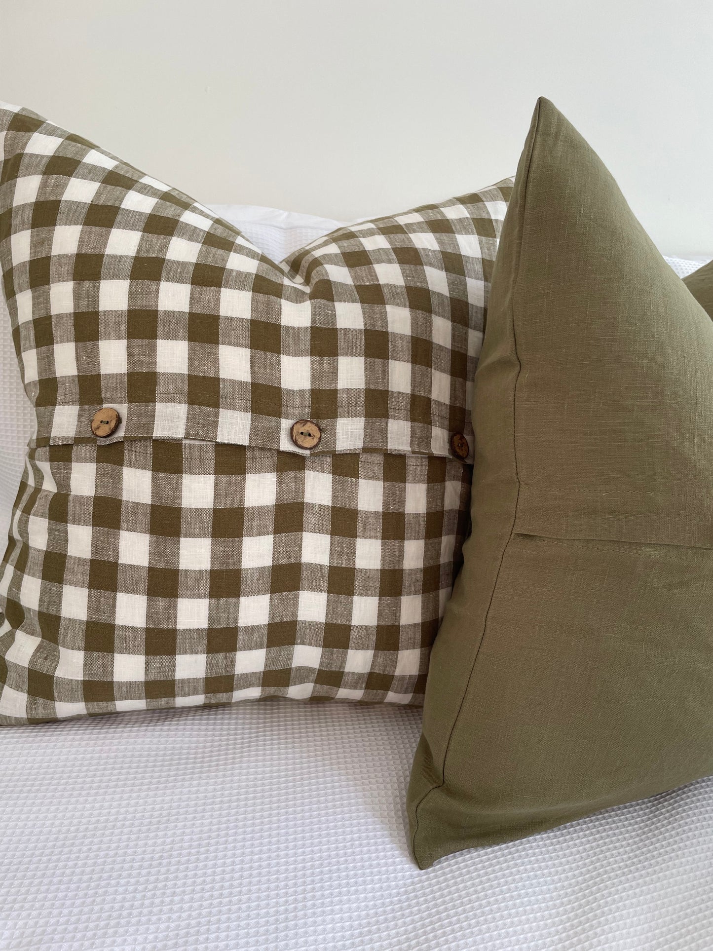 Linen Cushion with Button Detail - Olive Green Gingham